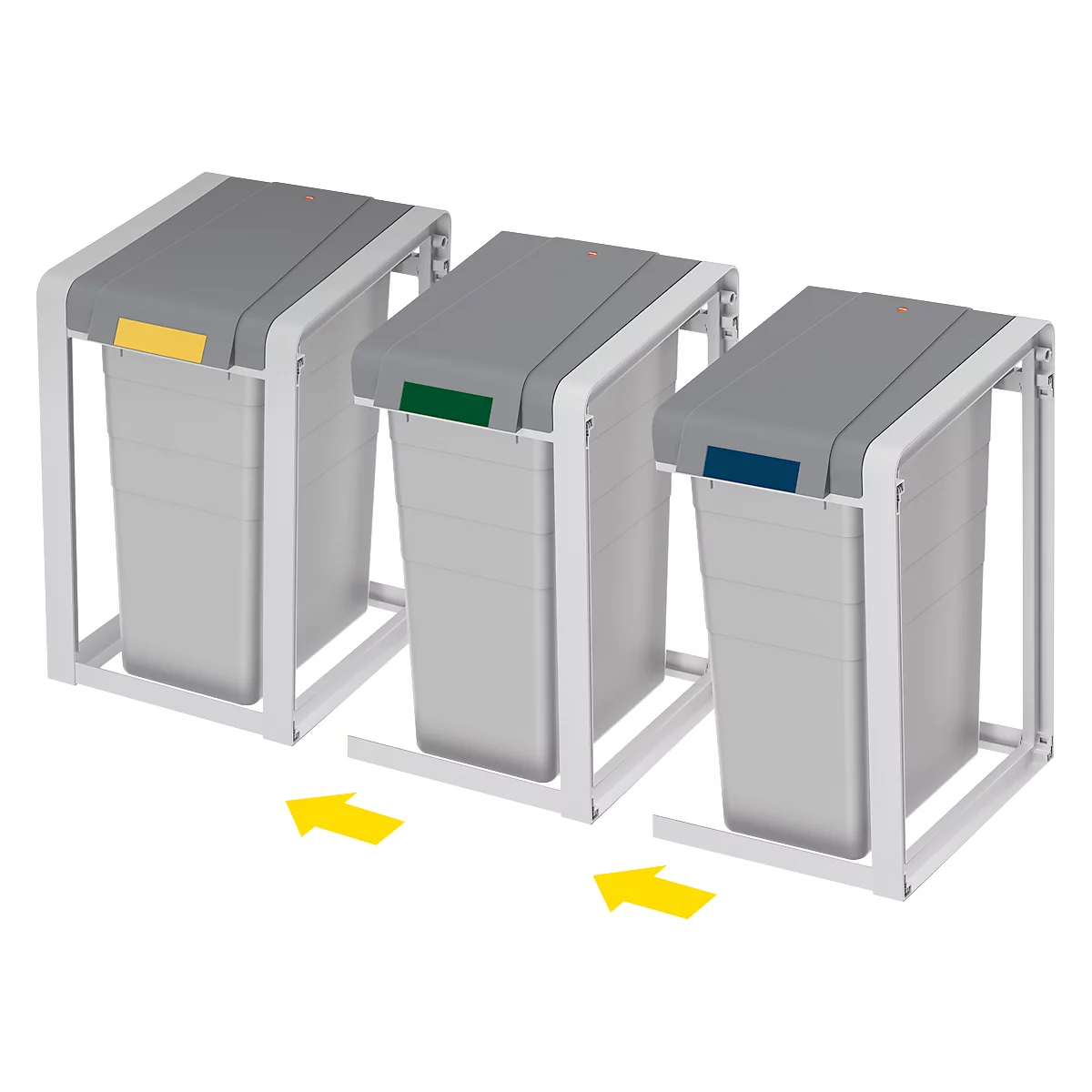 Drei Mülltonnen mit Deckeln in Grau, Gelb, Grün und Blau in Gestellen mit Pfeilen.
