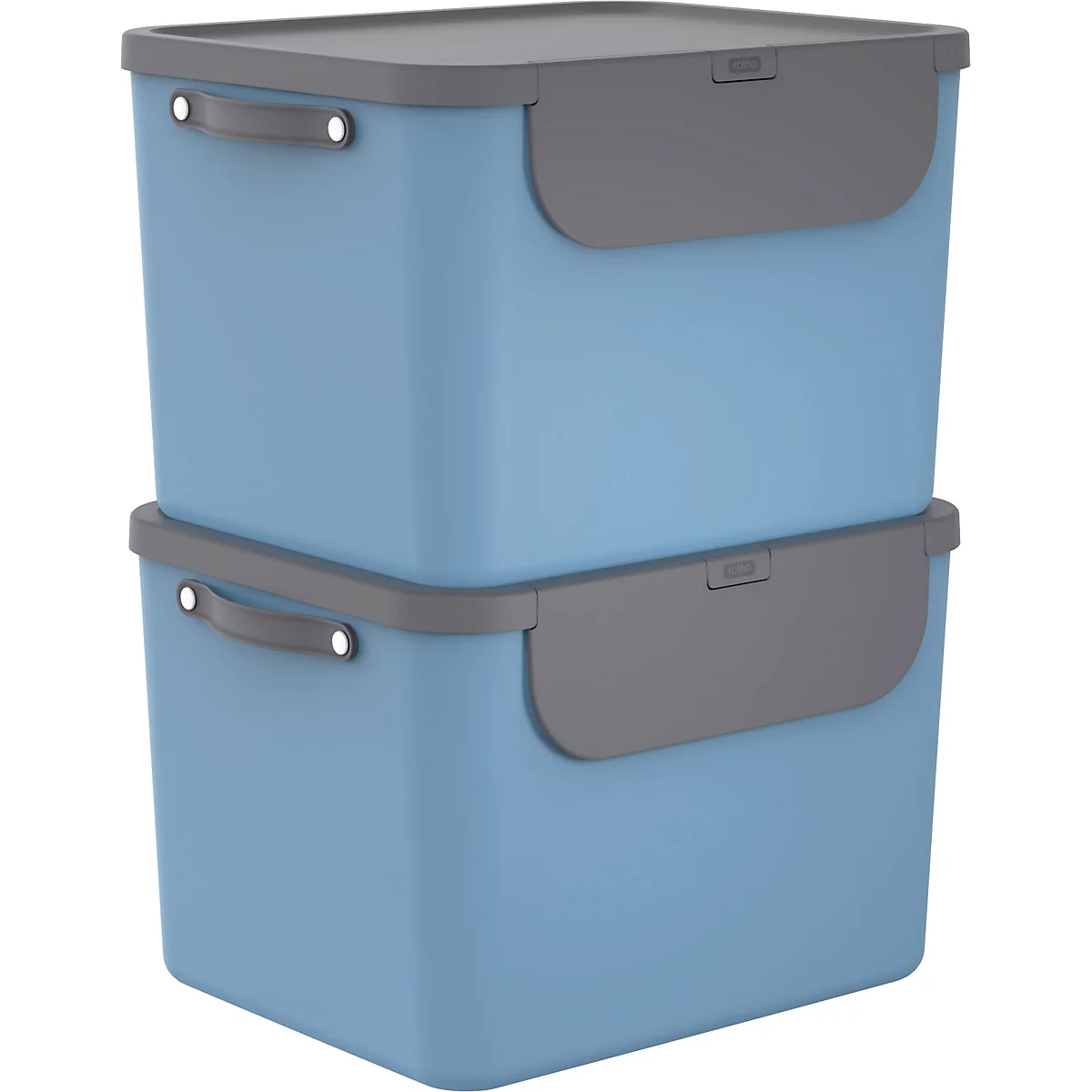 Blaue Aufbewahrungsbox mit grauem Deckel und Griff, vor weissem Hintergrund.