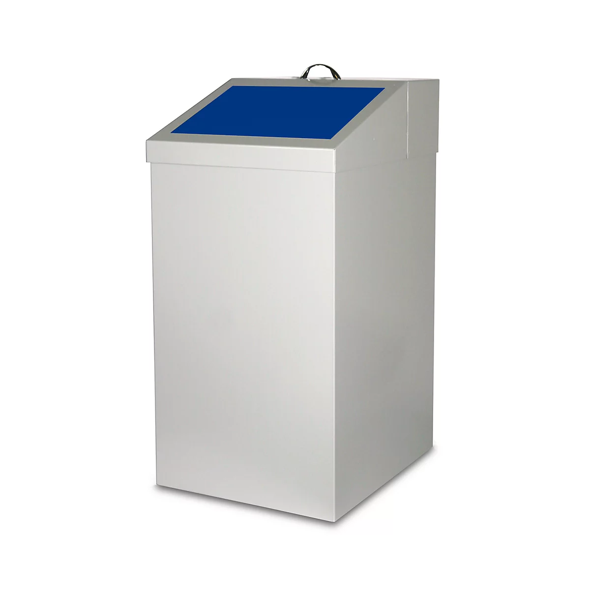 Grauer Mülleimer mit blauem Deckel. Ein Griff ist oben am Deckel angebracht.
