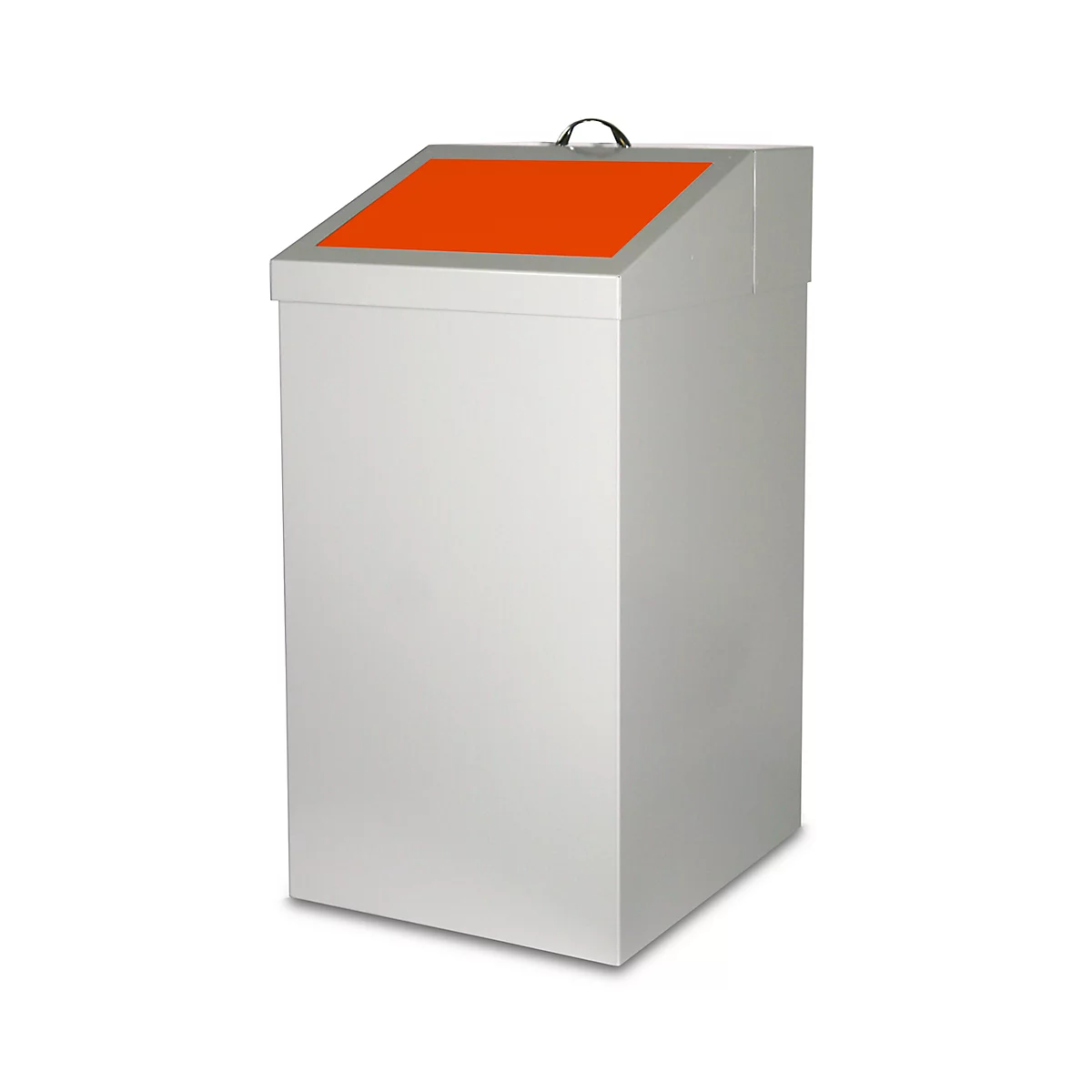 Grauer Mülleimer mit orangenem Deckel und Tragegriff.