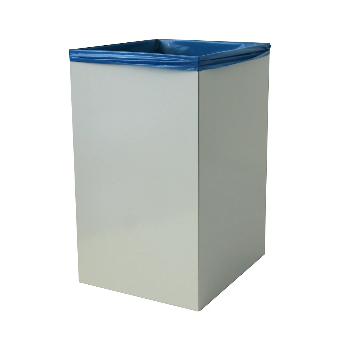 Ein weißer Abfalleimer mit blauem Rand und blauer Mülltüte.