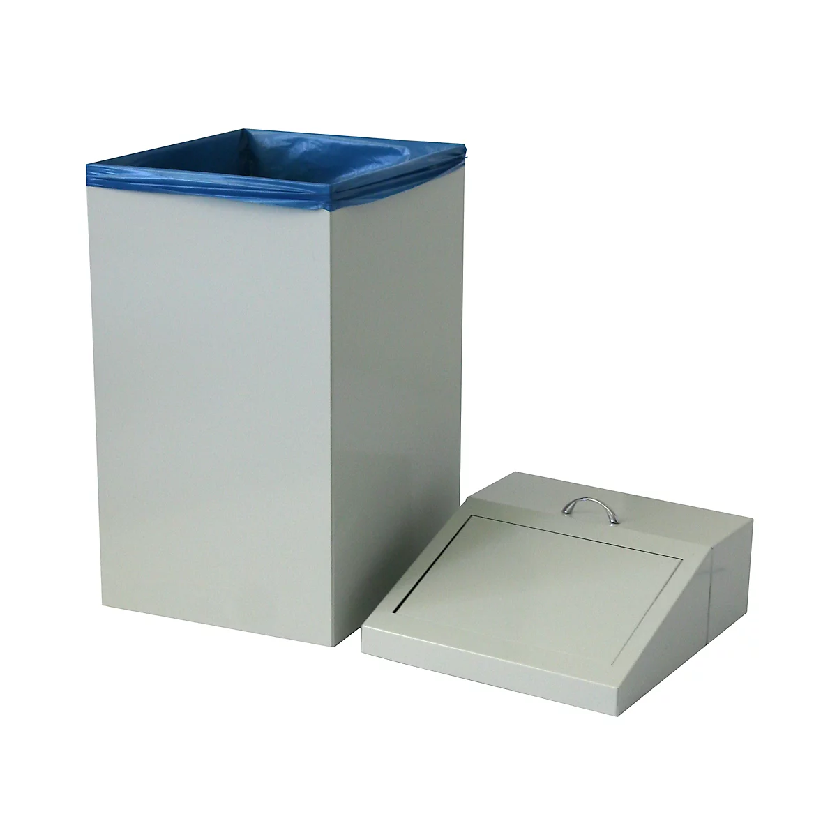 Grauer Mülleimer mit blauer Innenauskleidung und separatem Deckel.
