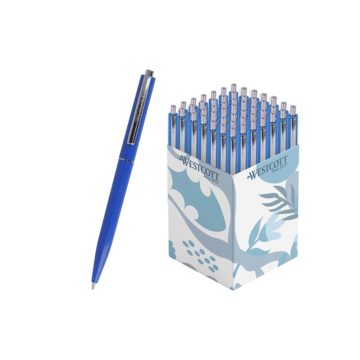Blauwe pen naast een doos met veel pennen. De doos toont de merknaam Westcott.