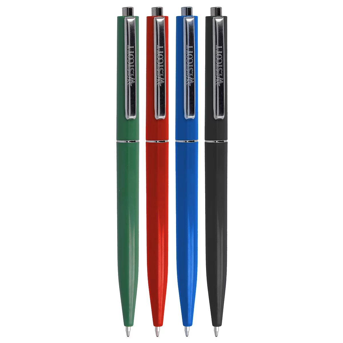 Vier verschillend gekleurde balpennen: groen, rood, blauw en zwart. Elke pen heeft een zilveren clip en de tekst "limit".