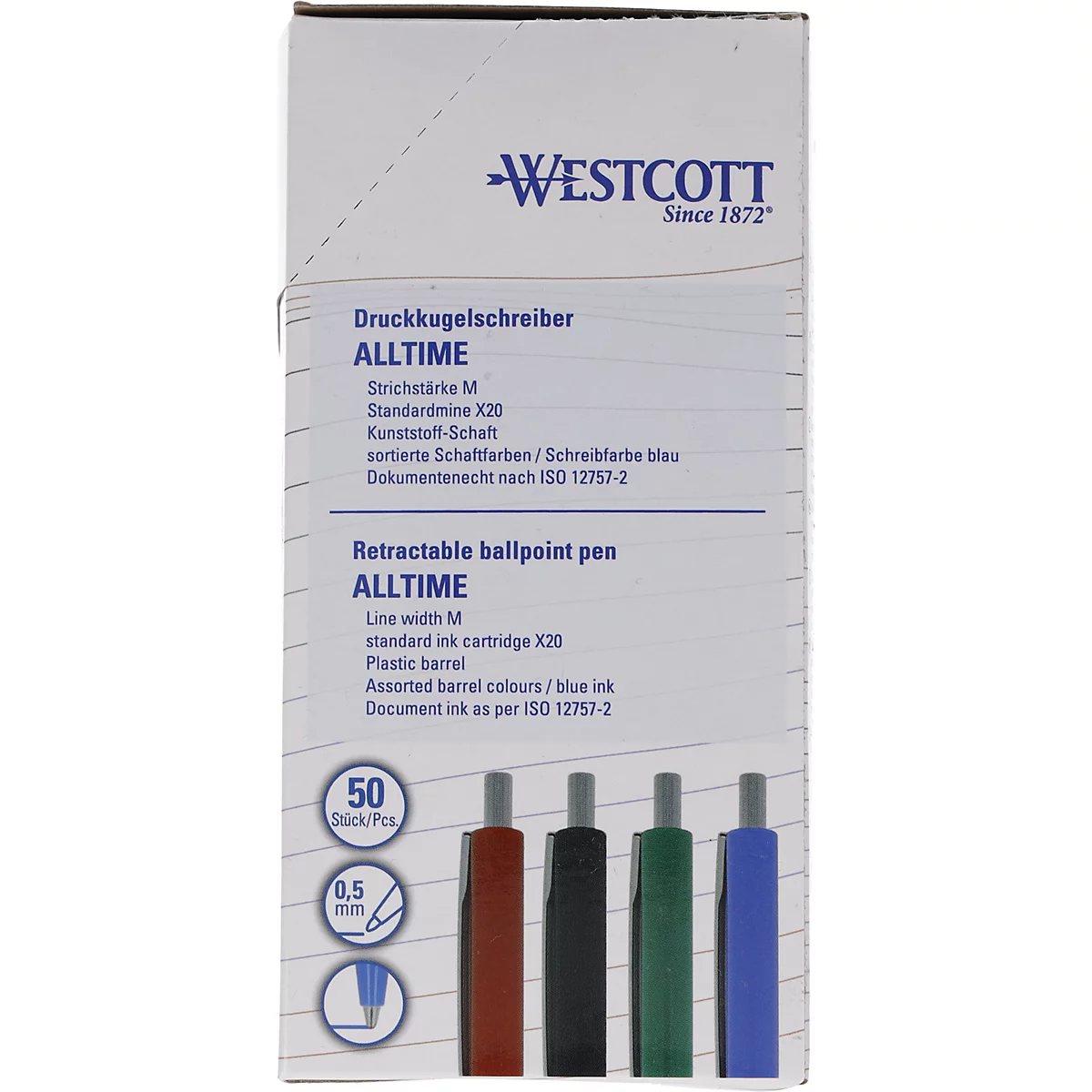 Verpakking van balpennen van het merk Westcott. Blauwe tekst en gekleurde pennen.