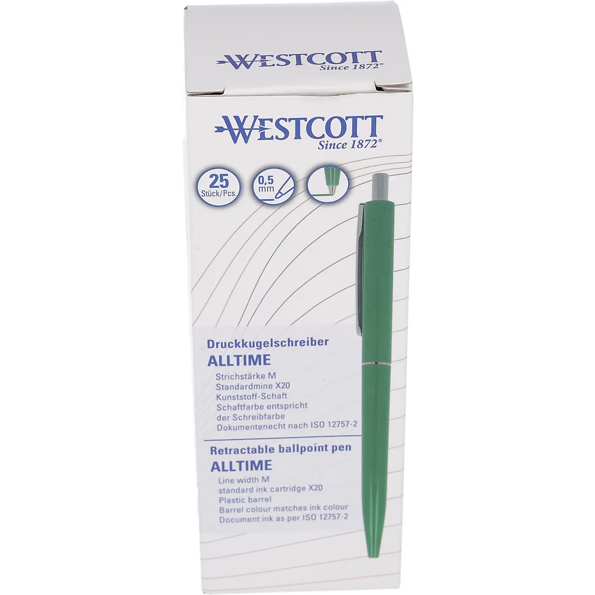 Groene balpen en verpakking, merknaam Westcott, teksten: Alltime, 0,5 mm, 25 stuks.