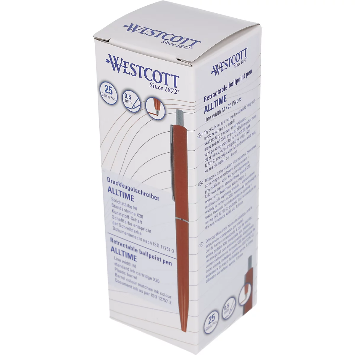 Een verpakking Westcott balpennen, roestbruin, met de productnaam en technische details.