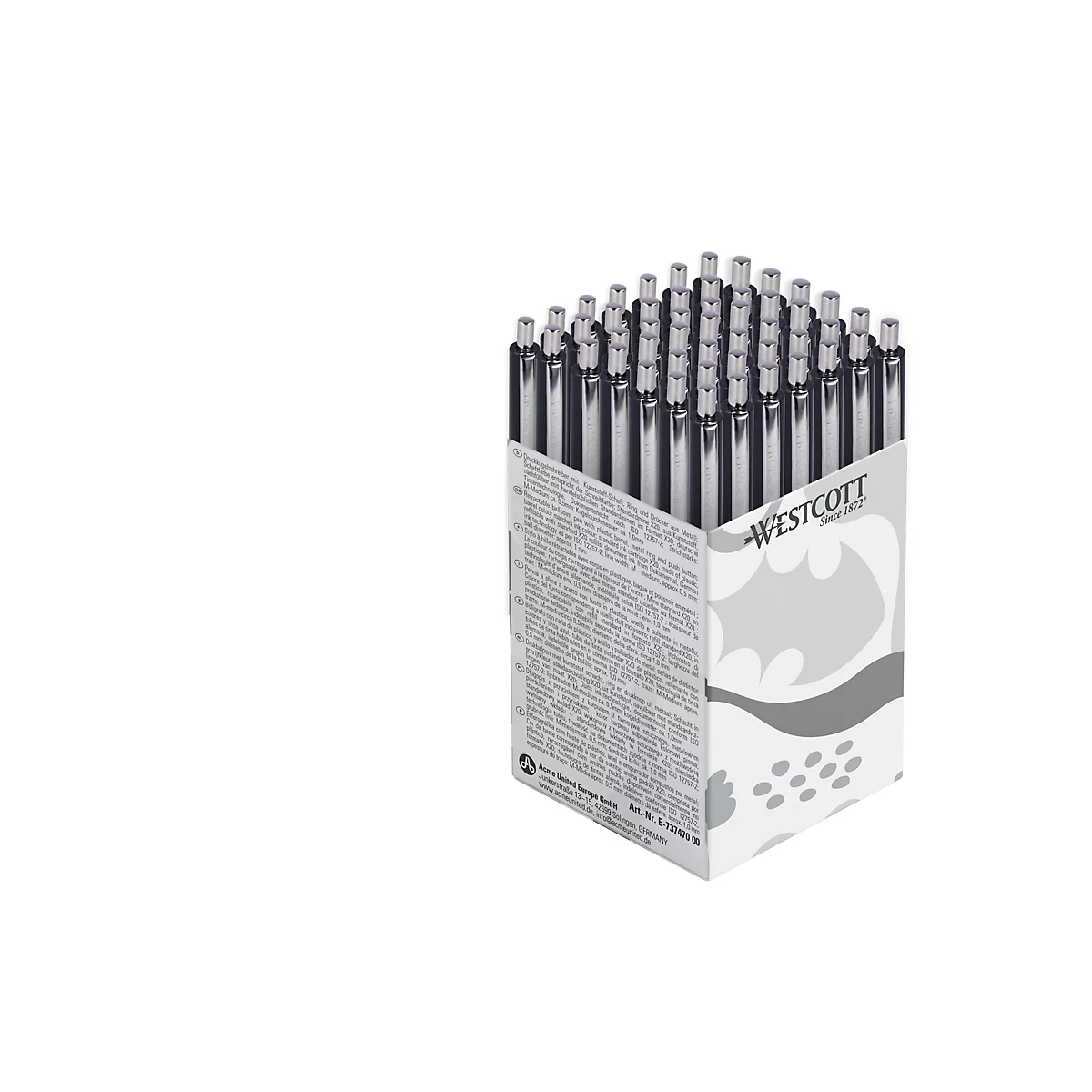 Een doos met veel zwarte pennen, verpakt. De doos heeft een Batman-logo en het woord Westcott.