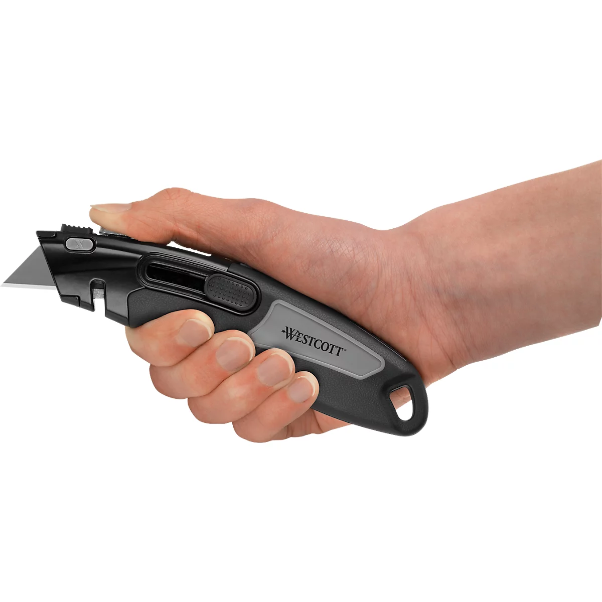 Westcott Cutter aus Zinklegierung, mit automatischer Verriegelung und automatischer Rückholfunktion, inkl. 3 Klingen