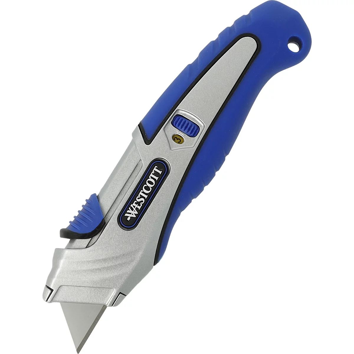 A blue and silver utility knife with black lettering 'WESTCOTT'.