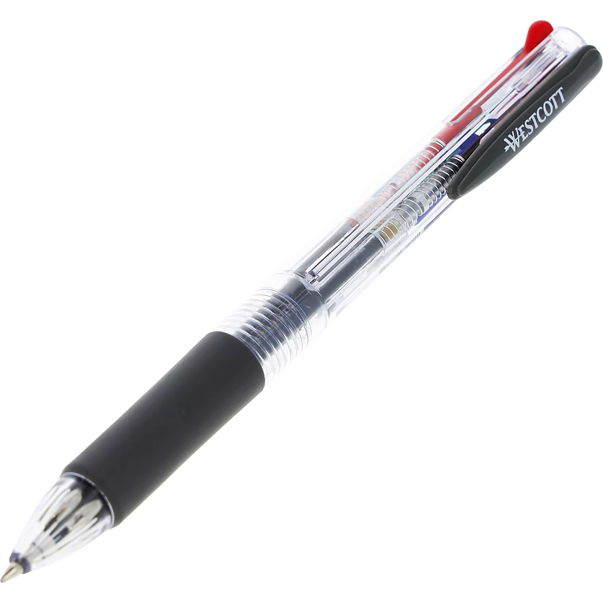 Ein mehrfarbiger Stift, halbtransparent, mit schwarzem Griff und der Aufschrift "WESTCOTT". Oben sind vier Farben zu sehen.