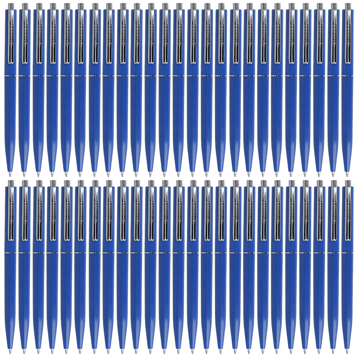 Reihe blauer Kugelschreiber, angeordnet in Reihen und Spalten.