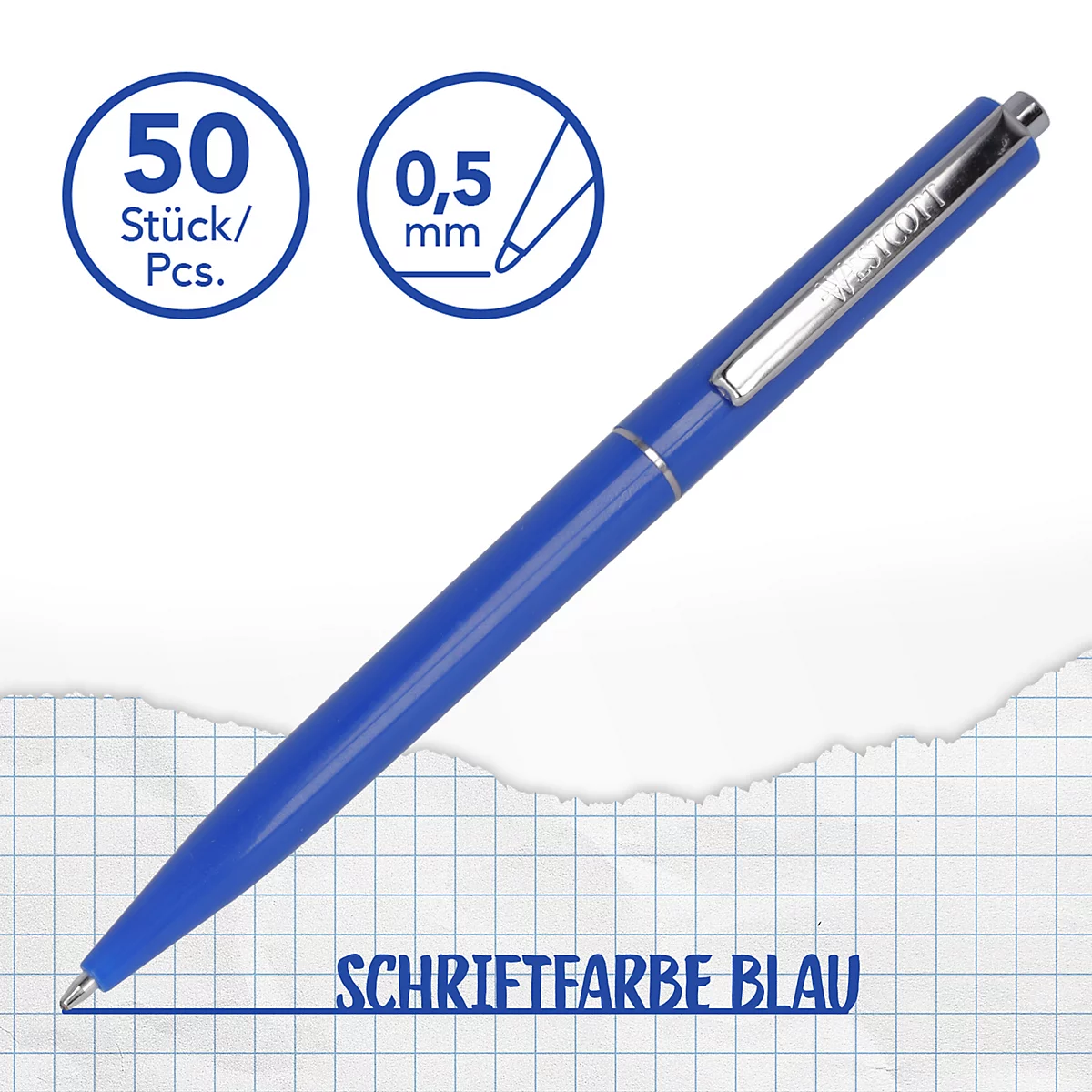 Blauer Kugelschreiber, neben zwei Kreisen mit Beschriftung, liegt auf kariertem Papier. Schriftfarbe blau.