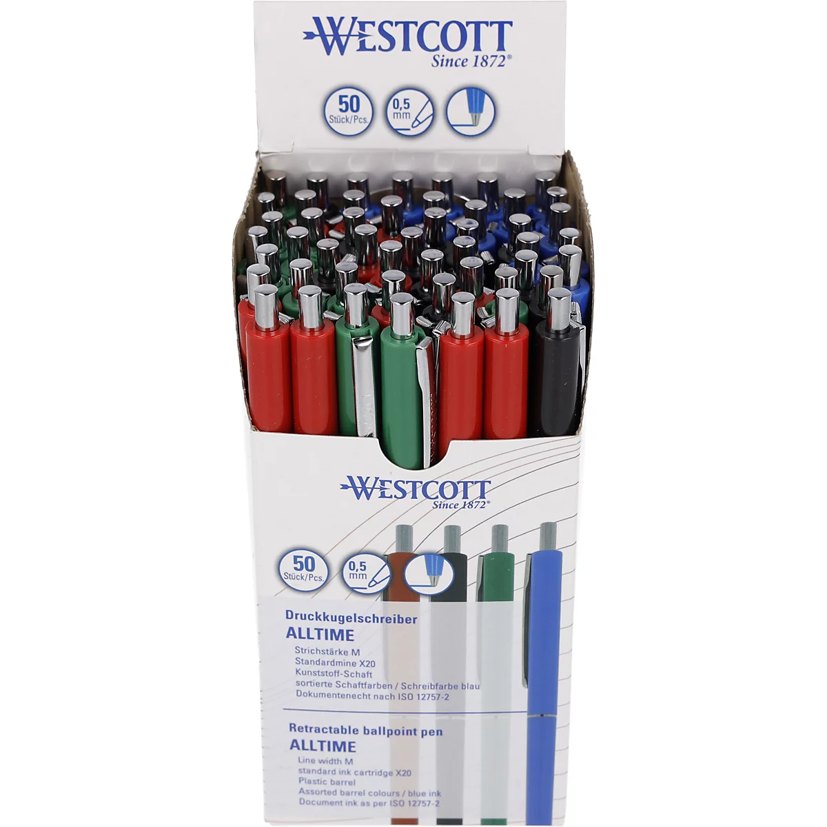 Display mit Kugelschreibern in verschiedenen Farben; Schriftzug Westcott, Alltime, 50 Stück.