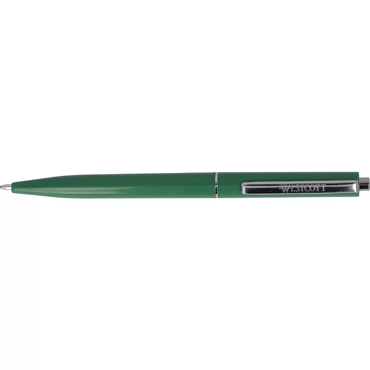 Ein grüner Kugelschreiber, der auf einer weißen Oberfläche liegt. Der Stift hat eine silberne Spitze und einen silbernen Clip mit der Aufschrift.