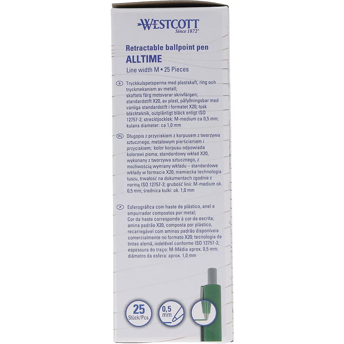Eine Produktverpackung der Marke Westcott. Aufschrift: 'Retractable ballpoint pen ALLTIME' mit technischen Details. Unten rechts eine Illustration.