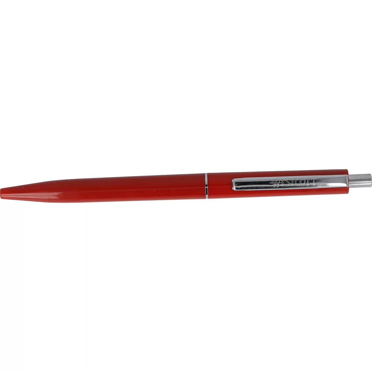 Nahaufnahme eines roten Kugelschreibers mit silbernen Akzenten.