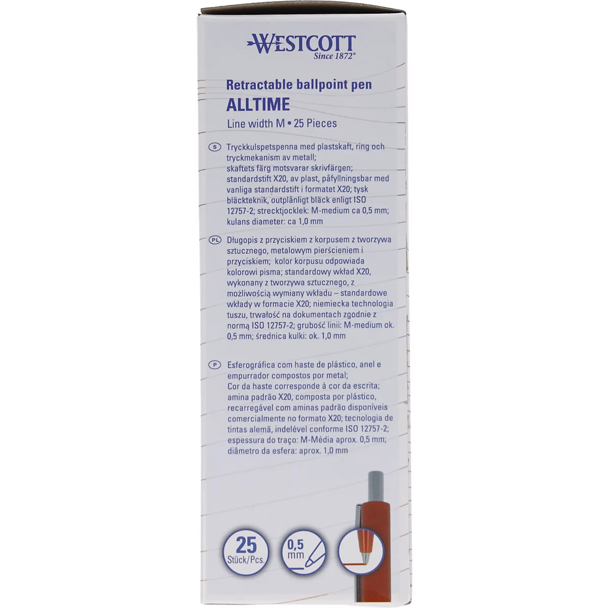 Nahaufnahme einer Kugelschreiberschachtel mit Produktinformationen. Im unteren Bereich befinden sich Illustrationen und Angaben zur Stiftgröße.