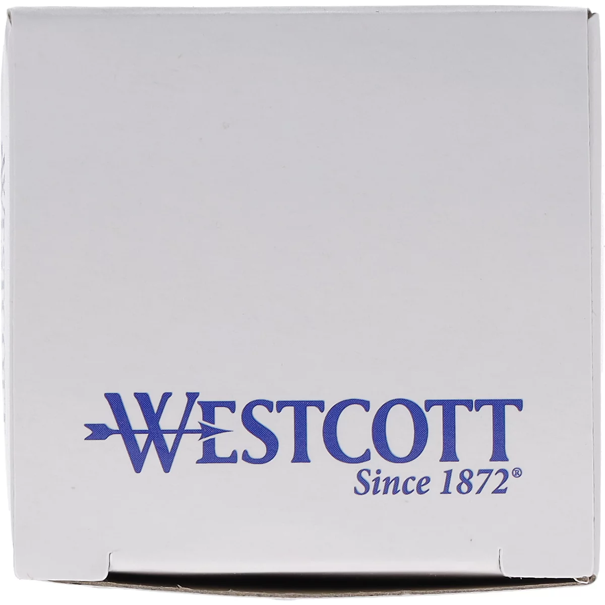 Nahaufnahme eines weißen Kartons mit blauem Westcott-Logo, Pfeil und Schriftzug "Since 1872".