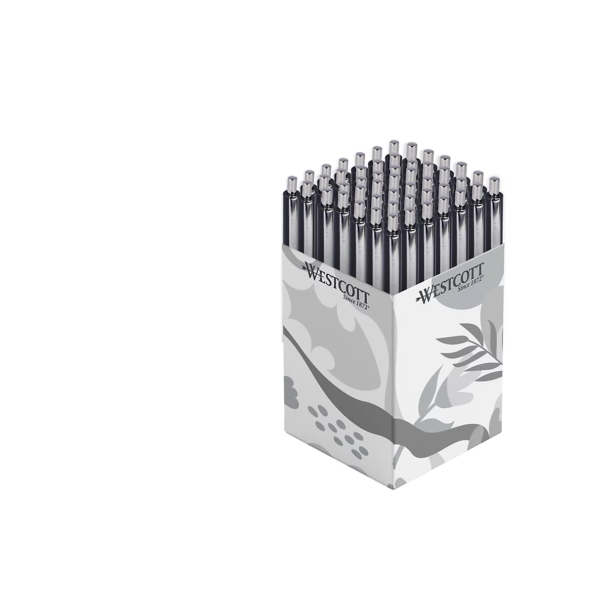 Stifthalter mit Stiften. Aufdruck "Westcott". Weißer Karton, graue Verzierungen.