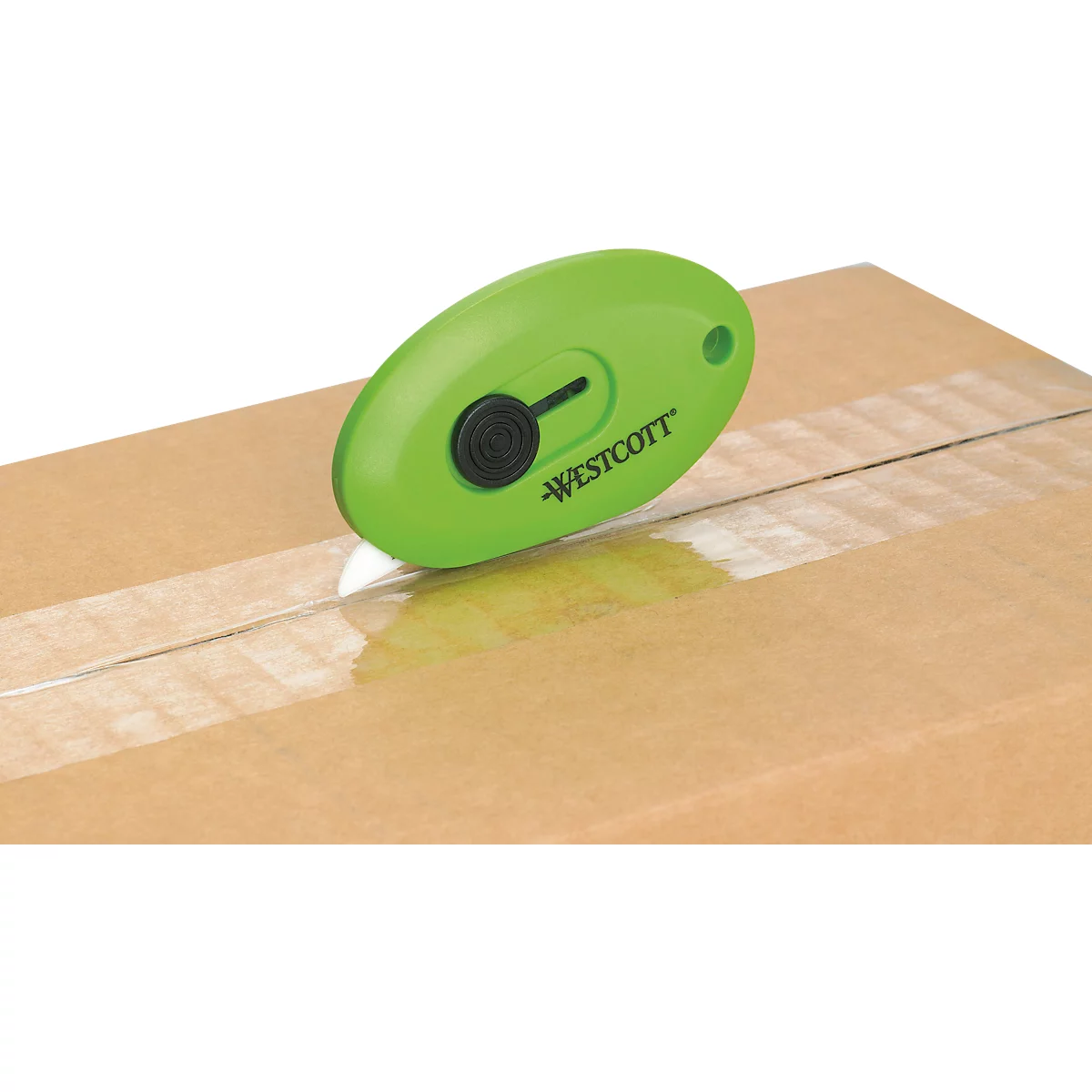 A green box cutter cutting tape on a cardboard box. The brand is Westcott.