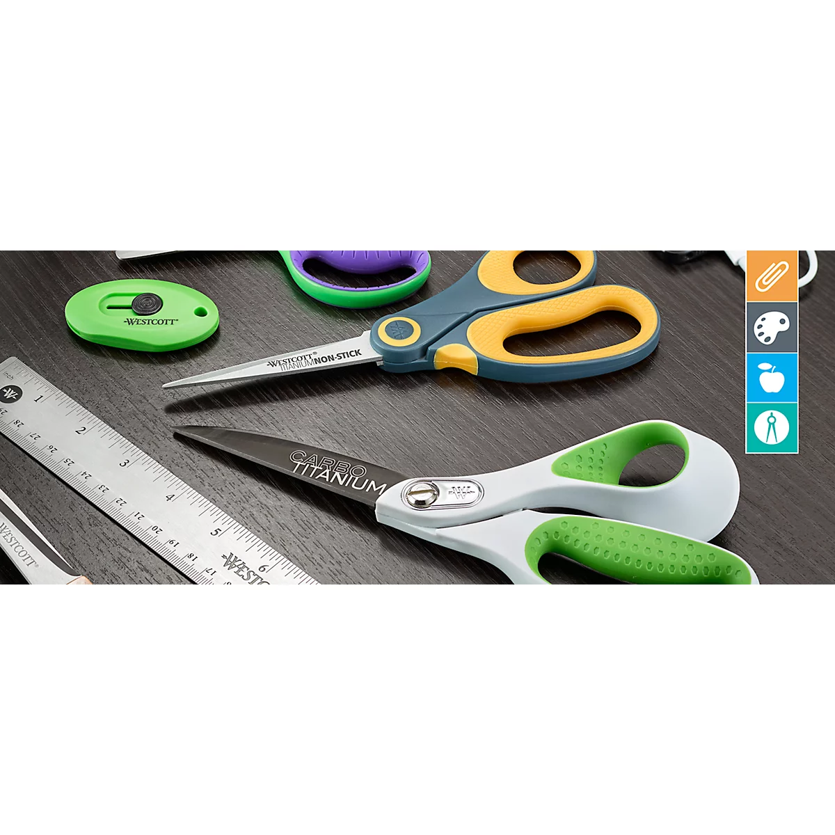 Close-up of scissors, ruler, and a green cutter on a dark wooden surface. Text: TITANIUM, NON-STICK.