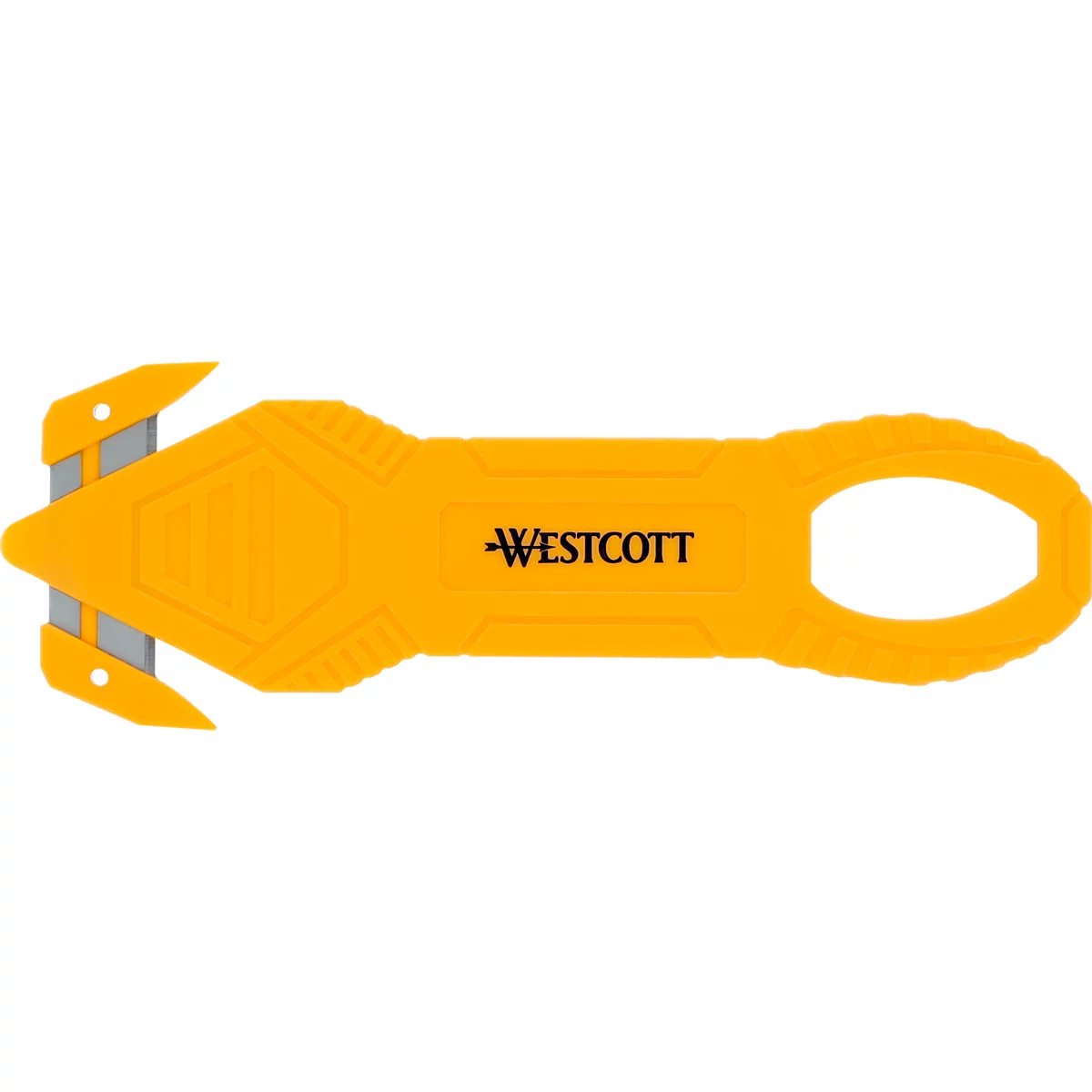 Yellow Westcott knife with black logo. It has an oval handle loop.