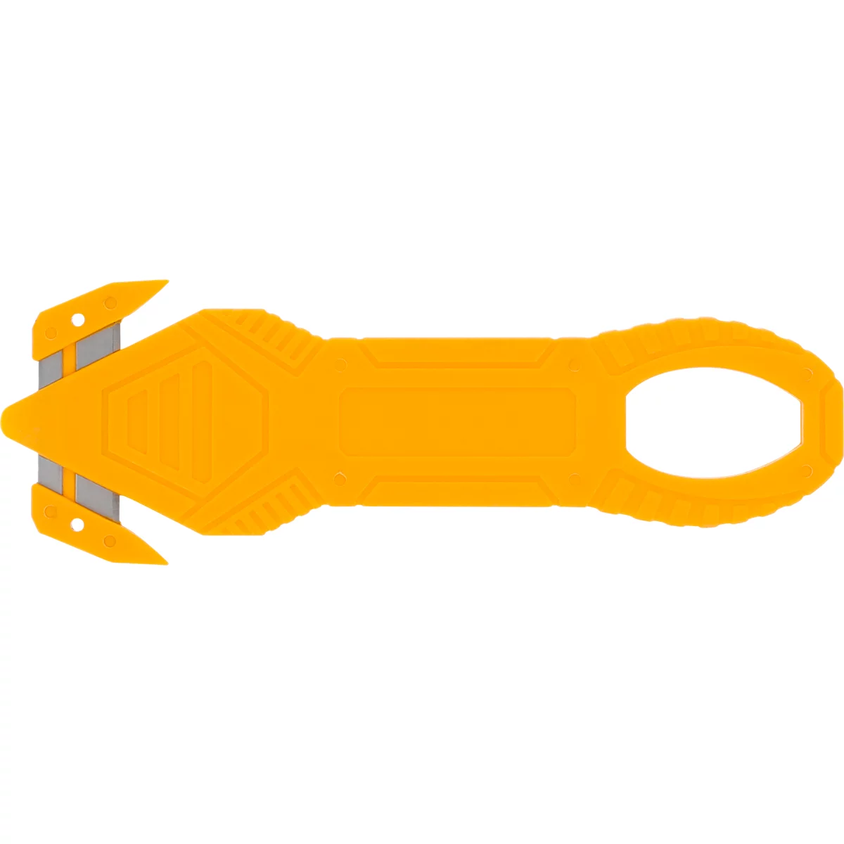 Yellow tool for cutting packaging. Trapezoidal, with loop and gray blade.