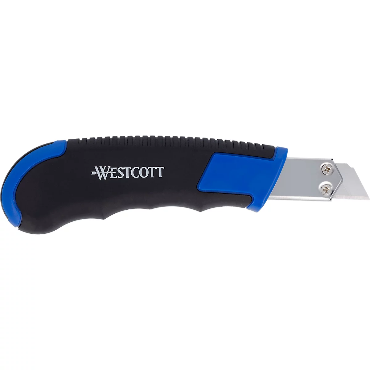 Westcott Sicherheitscutter Autoload, Softgrip-Griff, 18 mm, 5 Ersatzklingen, schwarz/blau, TÜV/GS geprüft