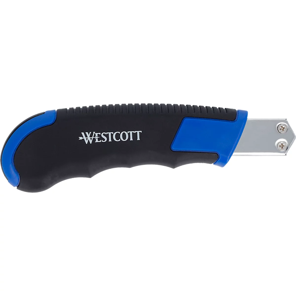 Westcott Sicherheitscutter Autoload, Softgrip-Griff, 18 mm, 5 Ersatzklingen, schwarz/blau, TÜV/GS geprüft