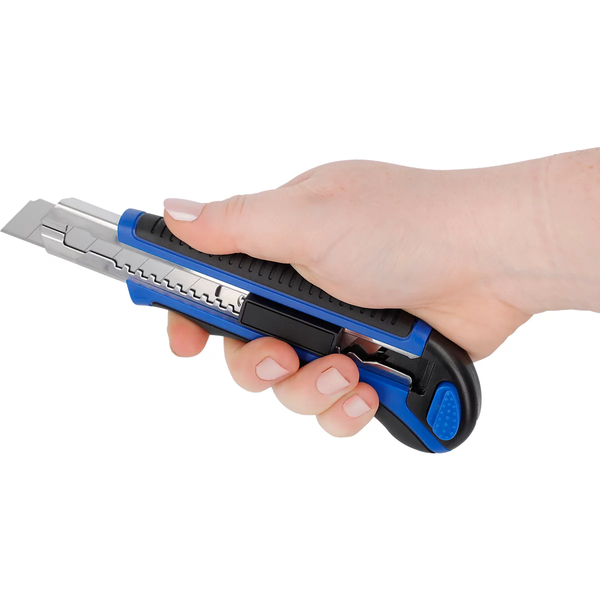 Westcott Sicherheitscutter Autoload, Softgrip-Griff, 18 mm, 5 Ersatzklingen, schwarz/blau, TÜV/GS geprüft