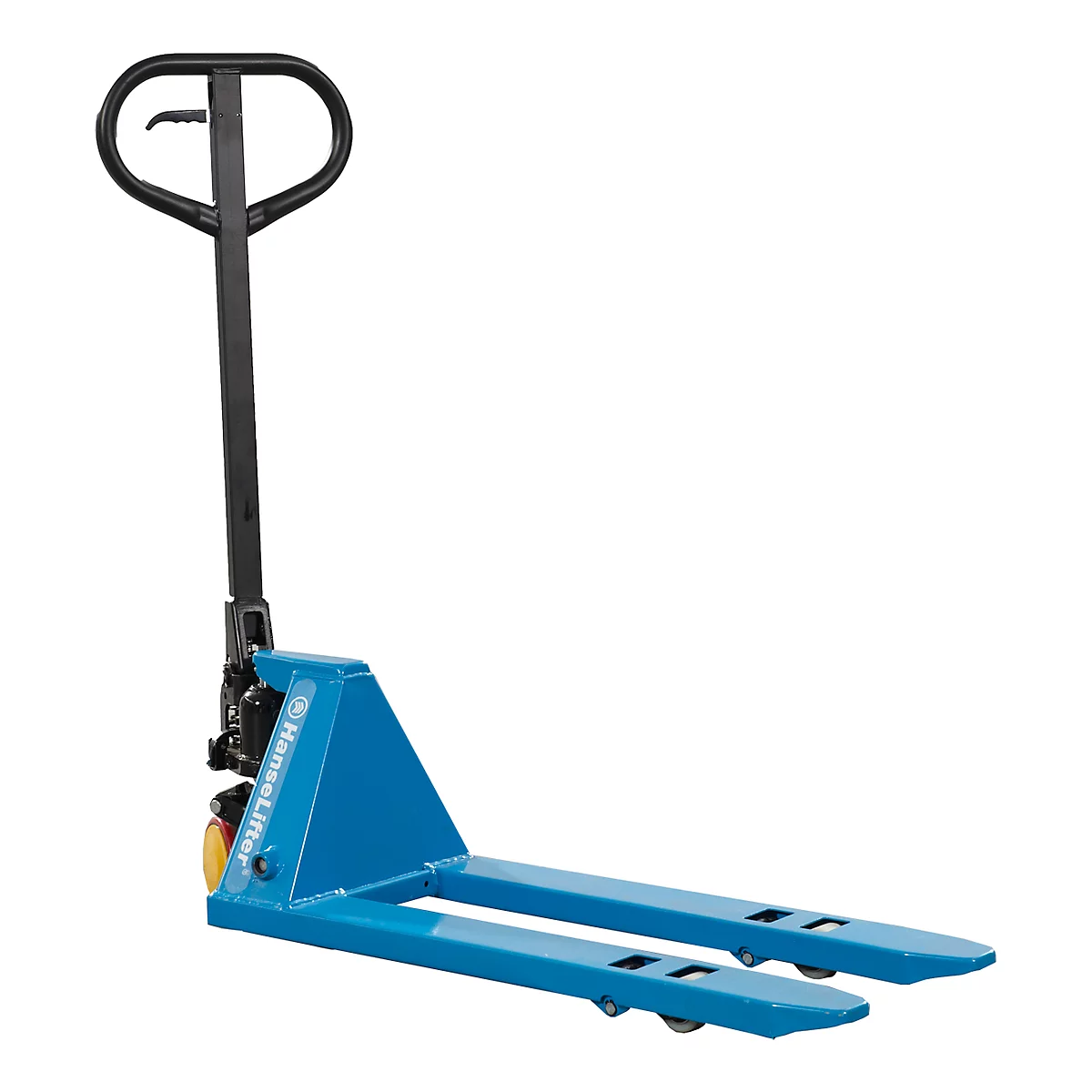 Blue pallet truck, fork facing forward; black handle.