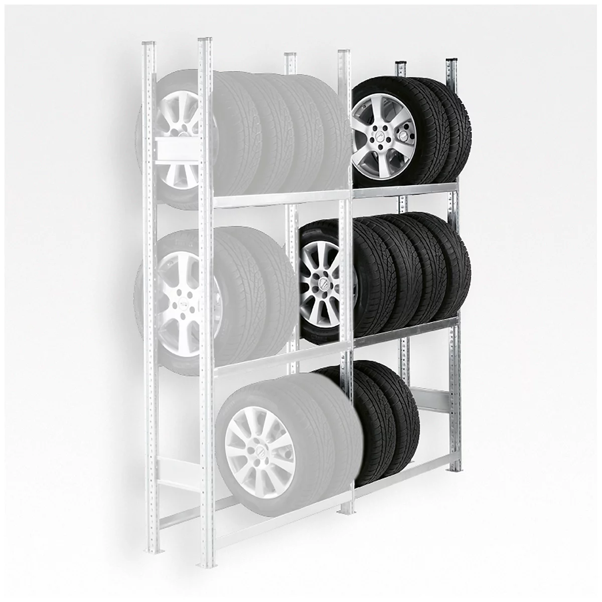 Tire rack with several tires, against a white background.