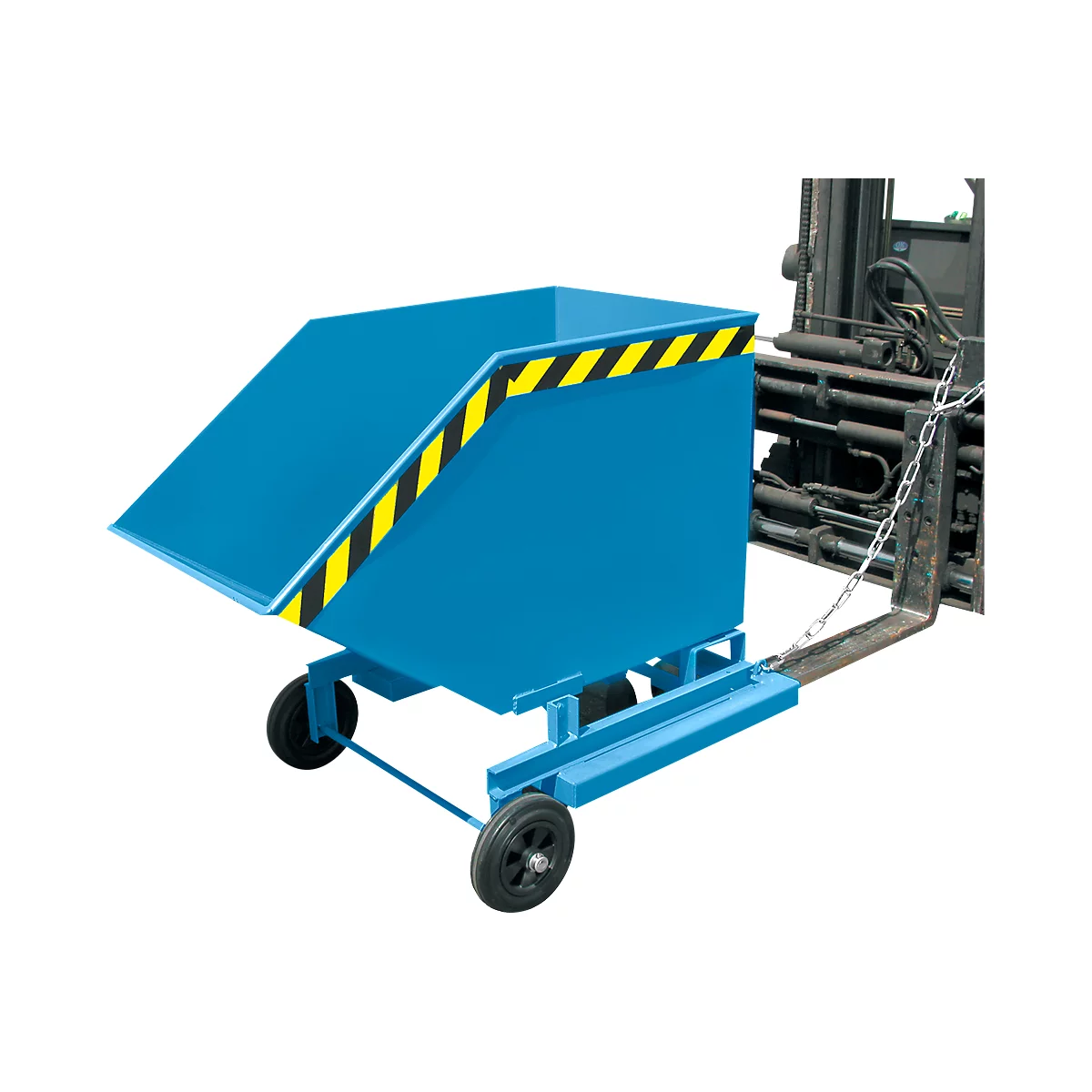 Blue tipping skip attached to a forklift. Yellow and black warning marking. Two wheels, chain for securing.