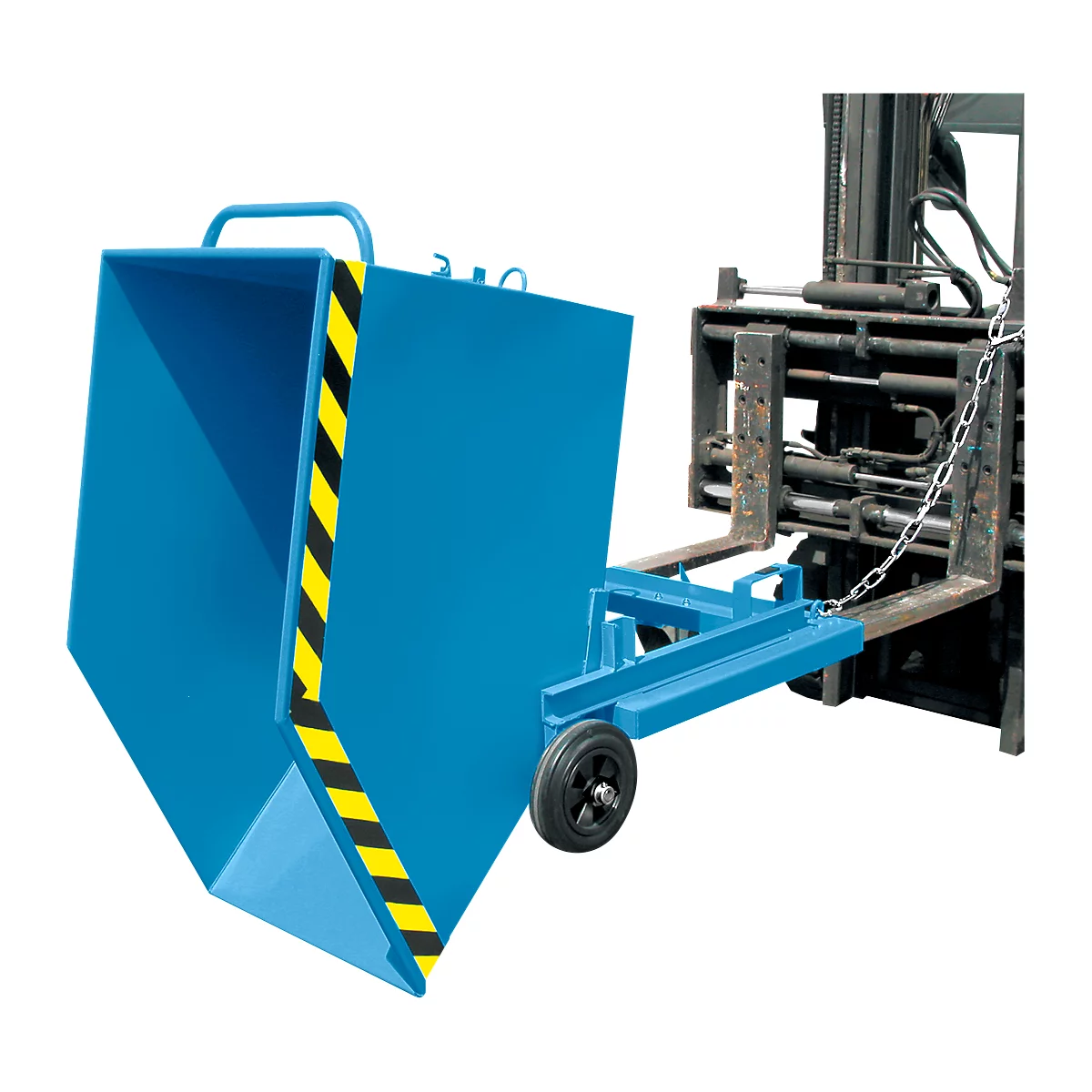 Blue container for forklift, with yellow-black marking and a wheel.