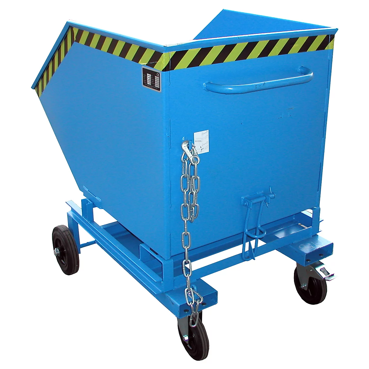 Blue painted tipping container on wheels. The container has a warning tape and a chain for securing.