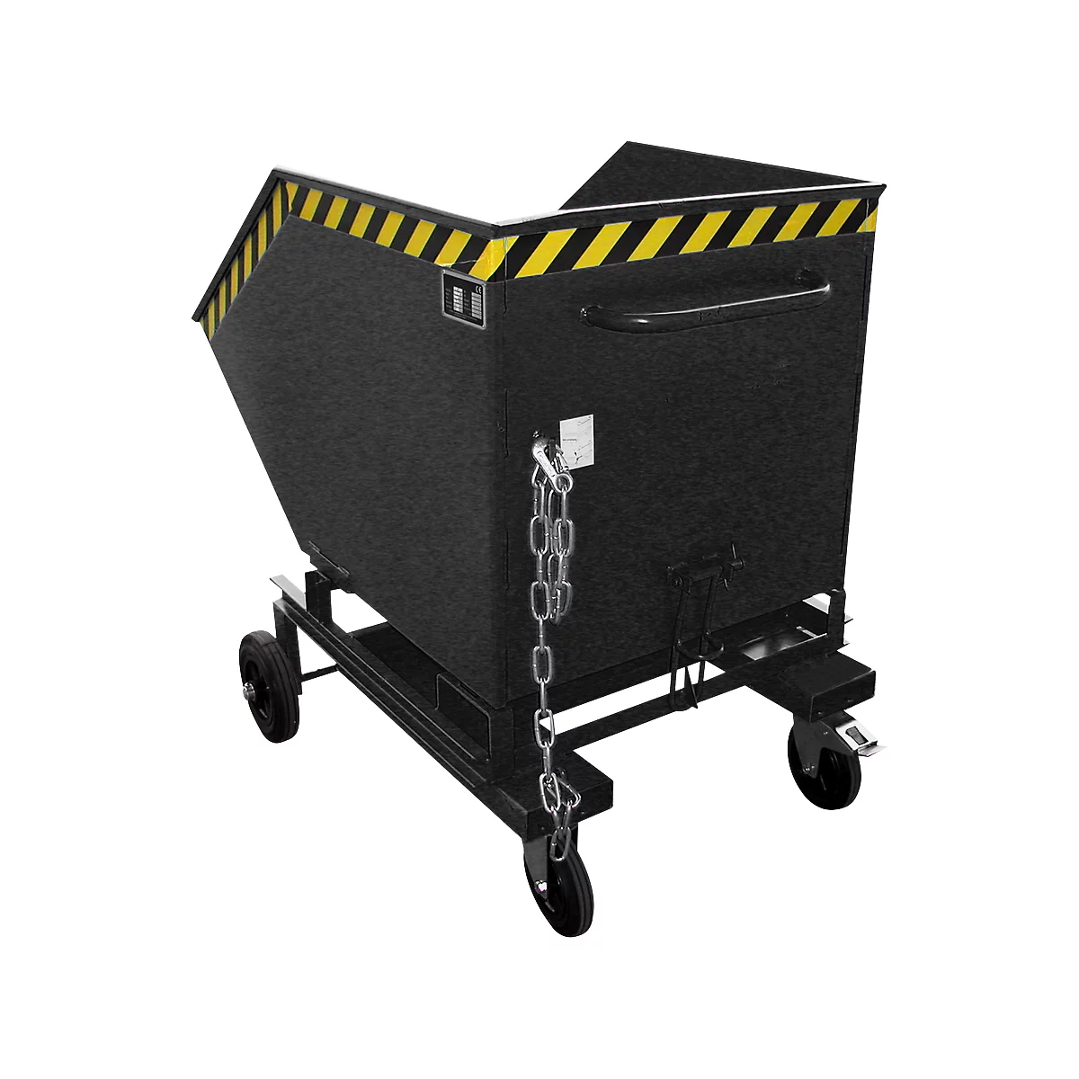 Black tilting container on wheels with yellow and black warning stripes.