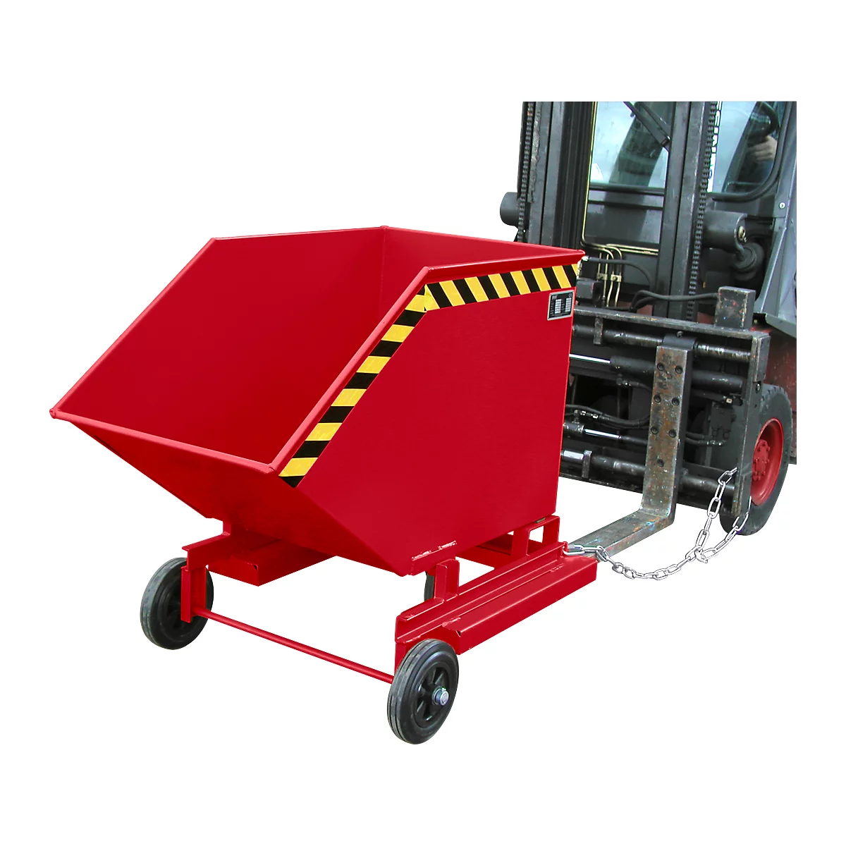 Red tipping container attached to forklift. Black wheels. Yellow-black warning marking.