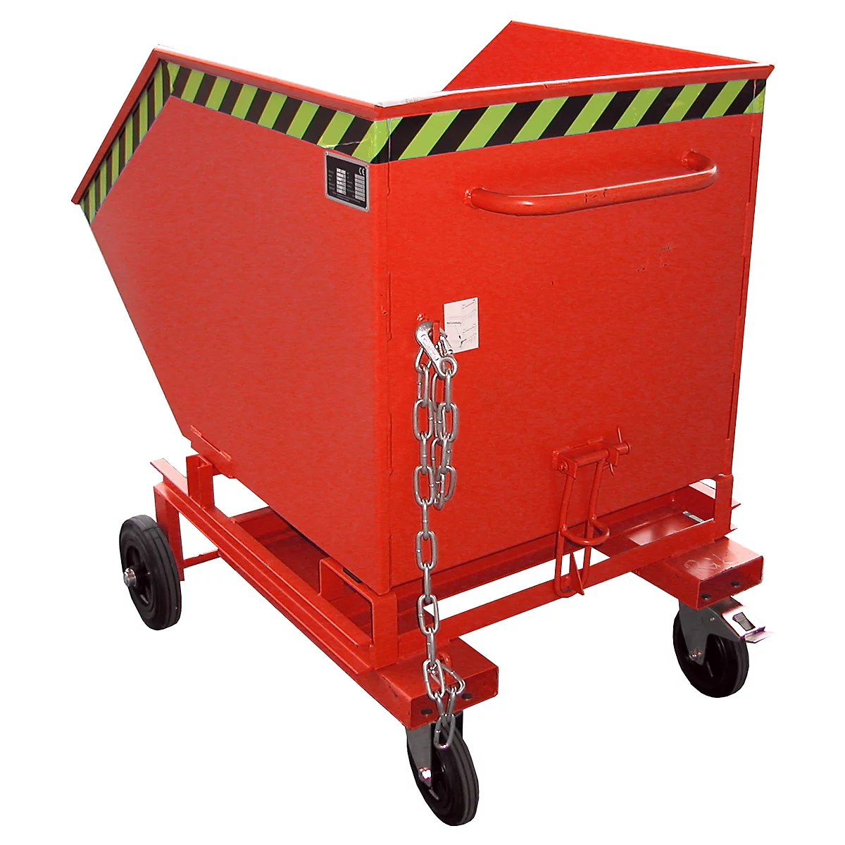 Red tipping container on wheels, with warning stripes on the top edge.
