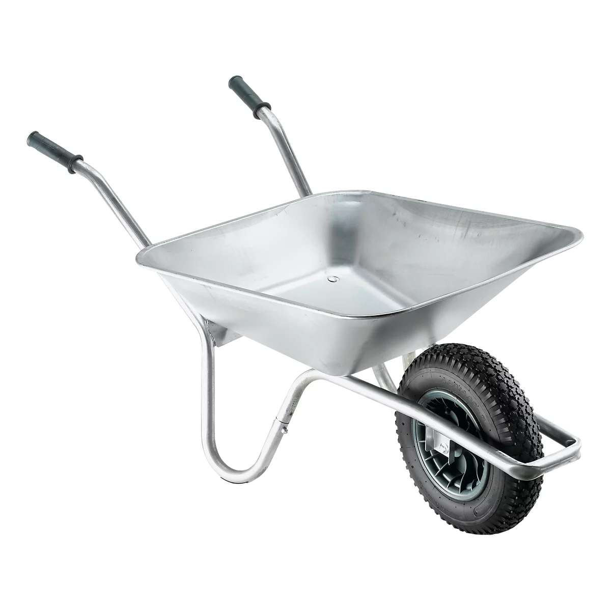 A silver wheelbarrow with black tire and handles, against a white background.