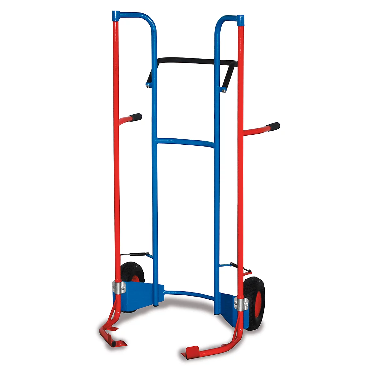 Front view of a blue and red stair climber. It has two wheels and black handles.