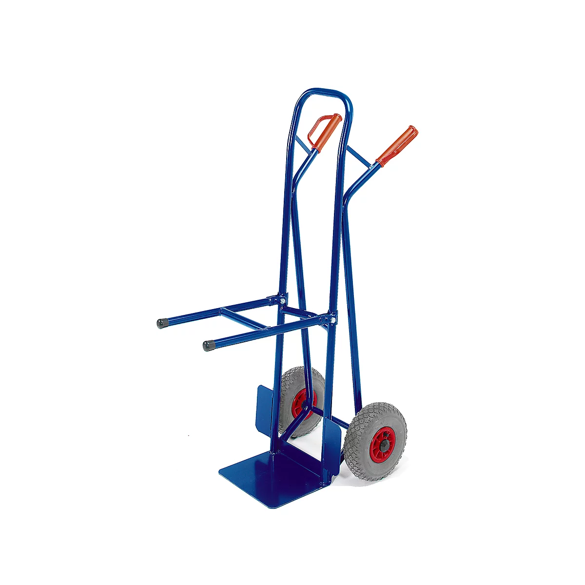 Blue hand truck with red handles and gray tires.
