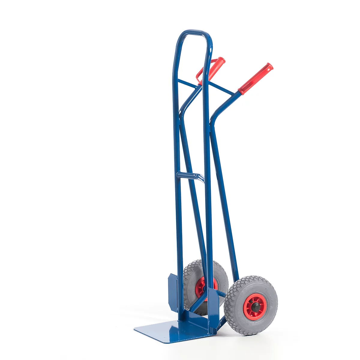 Blue hand truck with red handles and gray wheels against a white background.