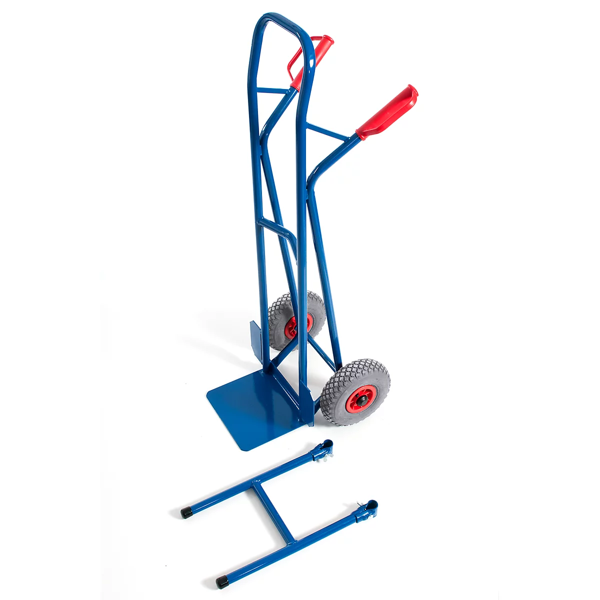 Blue hand truck with red handles and gray tires. A separate frame is next to it.
