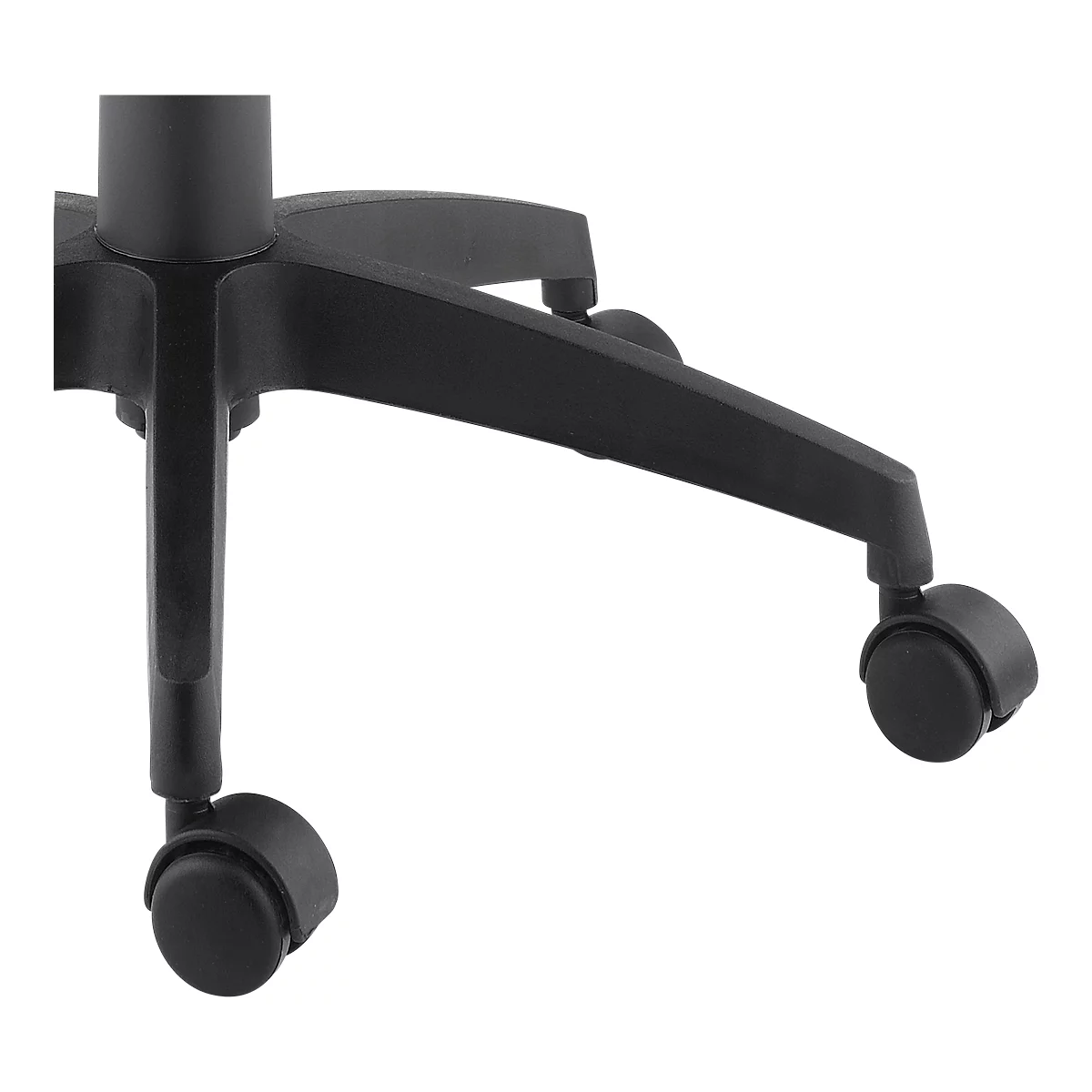 Close-up of the black base of an office chair with wheels.