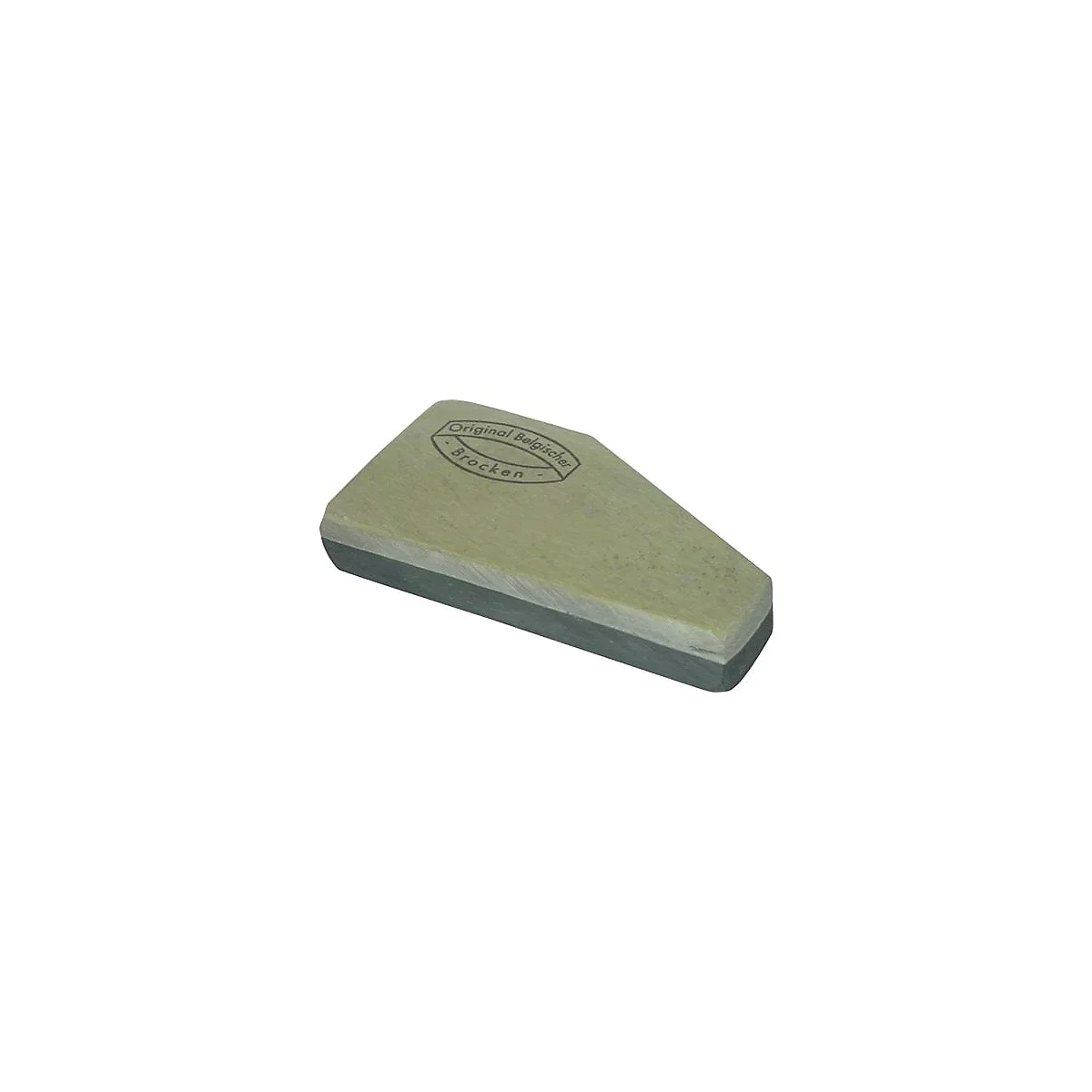 Sharpening stone, rectangular with a beveled corner, two-tone, with the inscription 'Original Belgischer Brocken'.