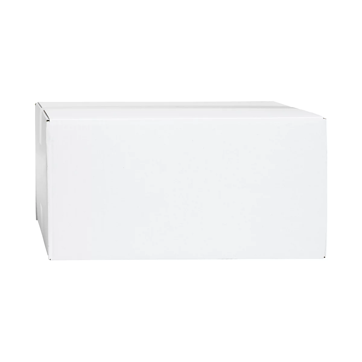 A rectangular white cardboard box standing on a horizontal surface.