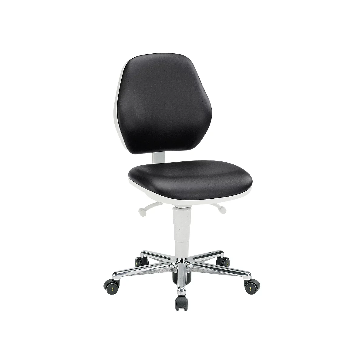 Office chair with black seat and backrest, white frame and chrome base.