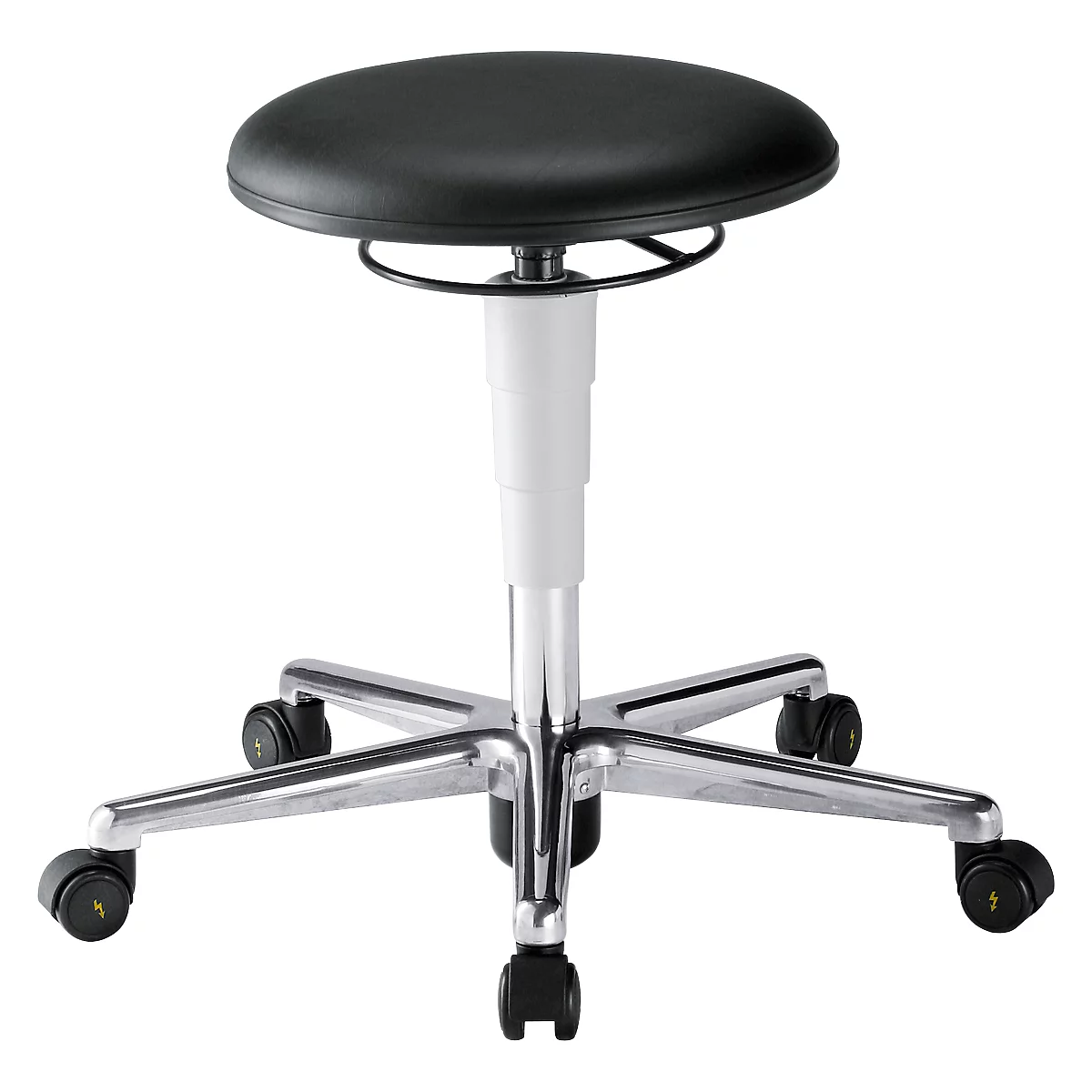 Black swivel stool with round seat, white column, and silver caster feet.