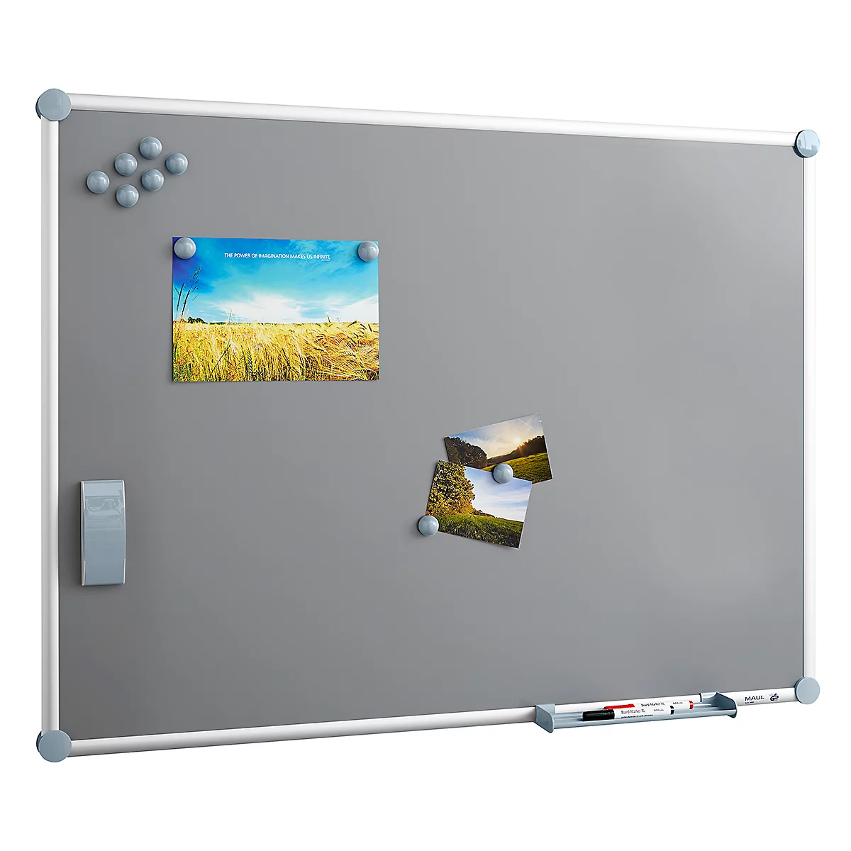 Gray magnetic board with photos, pens and eraser.